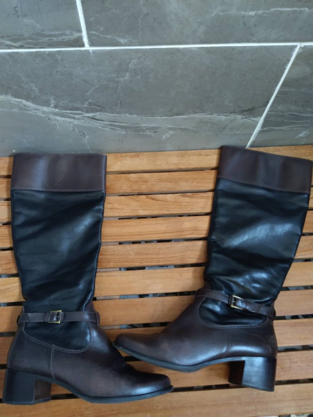 Antonio Melani "Corral" Two-Tone Leather Riding Boots in Dark Brown/Black